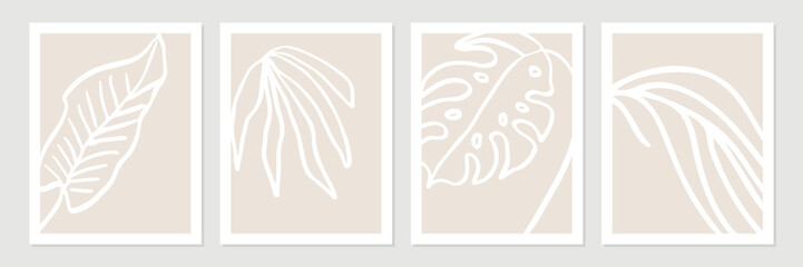 Aufkleber - Set of abstract tropical organic shapes, leaves, lines and textures in white on neutral nude and beige background.