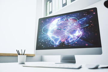 Poster - Abstract digital world map with connections on modern computer monitor, big data and blockchain concept. 3D Rendering