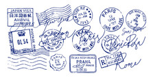Passport Stamps Travel City. Visa Concept .Mail, Post Office.