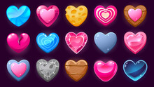 Cartoon Hearts Asset. Life Level 2D Game User Interface Icons, Glossy Candy Heart Buttons And Sprite Elements For Mobile Game. Vector Heart Design Set