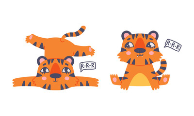 Sticker - Cute baby tigers in various poses set. Funny orange striped jungle wildcat lying and sitting cartoon vector illustration