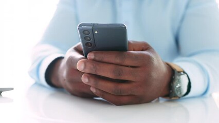 Wall Mural - Typing, texting or using social media on mobile to take a break or relax. Closeup of hands searching for message from online chat or making list. Sending sms or email using a wireless connection.