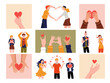 Hands with hearts. Cartoon support and charity concept with human hands and characters holding red hearts, charity and donation graphic. Vector isolated set