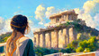 3D Render digital art painting of Traveler girl enjoying vacations in Greece. Young woman looking at Acropolis. Decoration for the interior. Modern abstract canvas art. vintage