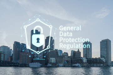 Panorama city view of Boston Harbour at day time, Massachusetts. Building exteriors of financial downtown. GDPR hologram is data protection regulation and privacy for all individuals within EU Area