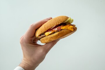 Canvas Print - Close-up of man's hand holding a delicious burger