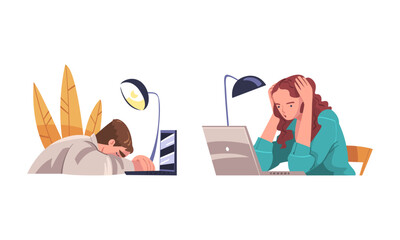 Set of tired, exhausted people. Sleepy office employees sitting at desk in front of laptop computer cartoon vector illustration