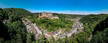 Aerial Panoramic Landscape View Of The Stunning Beautiful Vianden Castle In Norther Luxembourg,  Ardennes