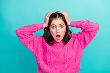 Poster - Photo of young attractive speechless woman confused touch head looking directly you have problems isolated on aquamarine color background