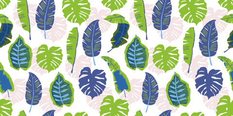 Wall Mural - Tropical pattern with banana leaves on white. Vector seamless tropical pattern, summer vibes