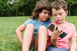 © ADDICTIVE STOCK - Siblings using smartphone together in park