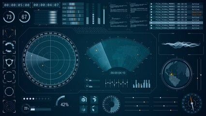 Fototapete - Motion graphic of Blue color sonar radar screen searching an object with futuristic head up display ( HUD UI ) technology interface screen and chat panel abstract background	
