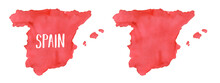 Watercolor Painting Of Spain Map Silhouette. Set Of Two Variation: Blank One And With Text Lettering. Handdrawn Watercolour Sketchy Drawing On White Backdrop, Cut Out Clip Art Elements For Design.
