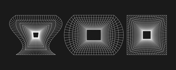 Poster - Cyber grid, retro punk perspective rectangular tunnel set. Grid tunnel geometry on black background. Vector illustration.
