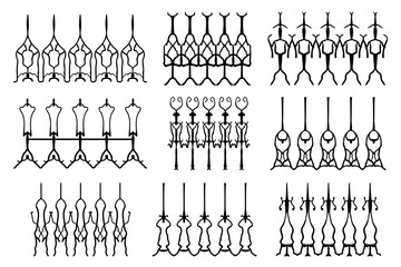 Assorted spooky cemetery fence silhouettes. Assets isolated on a white background. Scary, haunted and spooky fence elements