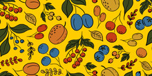 YELLOW VECTOR SEAMLESS PATTERN WITH COLORFUL FRUITS AND BERRIES