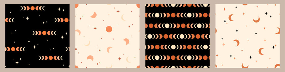 Wall Mural - Сollection of moon patterns. Bohemian set. Vector backgrounds. Trendy texture for print, textile, fabric, packaging.