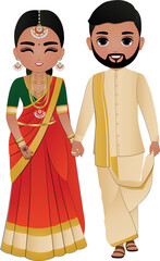 Canvas Print - Bride and groom cute couple in traditional indian dress cartoon character
