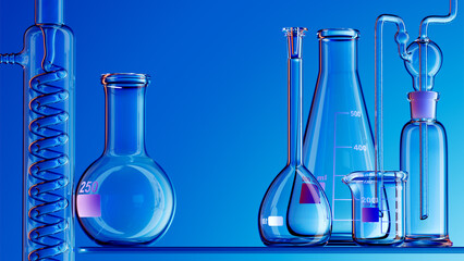 Wall Mural - glass chemistry lab equipment on blue background. chemistry lab concept. 3d