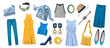 Fashion women's clothes isolated set. Blue yellow apparel collage. Girls beautiful clothing.Lady's collection of textile.
