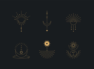 Wall Mural - set of moon and sun line art. minimal boho linear symbols. celestial mystic element. vector line art