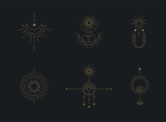 Wall Mural - set of moon and sun line art. minimal boho linear symbols. celestial mystic element. vector line art