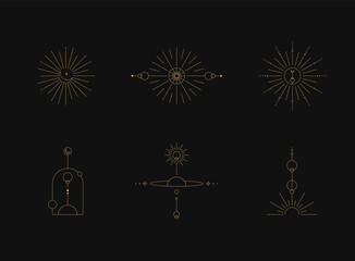 Wall Mural - set of moon and sun line art. minimal boho linear symbols. celestial mystic element. vector line art
