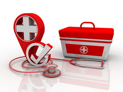 3d rendering hospital navigation with first aid box and stethoscope
