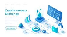 Cryptocurrency Exchange To Dollars Platform  Blockchain.  Money Market, Finance Trading, Analytics, Graphs, Profit. Landing Page Template For Web On White Background.