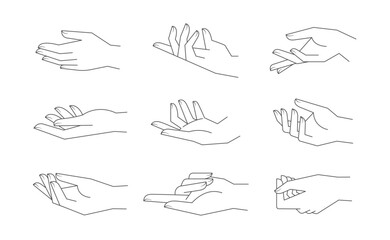 Wall Mural - Mystic palm hands vector linear drawing. Line vector illustration. Aesthetic simple design.