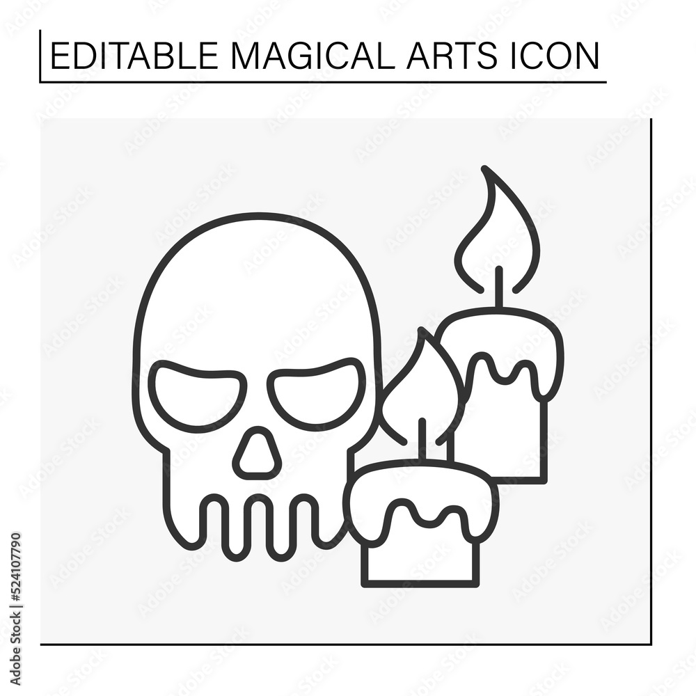 Skull symbol line icon. Death symbol with candles for blood rituals ...