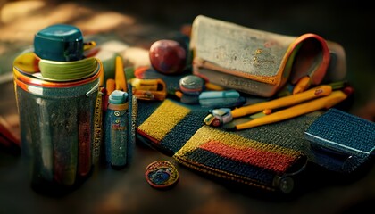 Poster - School and education workplace items. Vector flat illustration of school supplies. Isolated school, education workspace accessories on white background. Infographic elements for web, presentation.