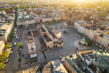 Wall Mural - Aerial view of the main Market square in Krakow at sunrise, Poland