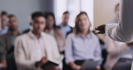 Poster - Business presentation, seminar or coaching conference with close up hand gesture of businesswoman leader. Businessman or entrepreneur in audience writing notes and arm raised to ask a question.
