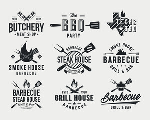 Canvas Print - Barbecue logo set. Set of 9 bbq logo templates for BBQ, Butchery, Restaurant, Cooking class, Grill emblems. Trendy vintage hipster design. Vector illustration