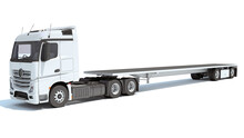 Truck With Flatbed Trailer 3D Rendering On White Background