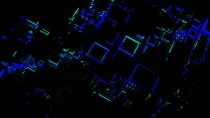 Poster - Dark background with backlight. Design.Yellow and blue outline with illuminated squares of different sizes in the animation that are highlighted in turn.