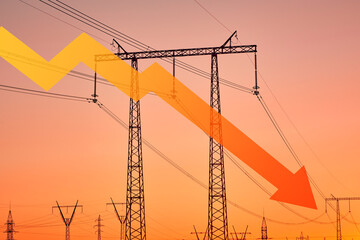 power lines and dropping down arrow. energy crisis in world. price increase of electricity consumpti