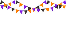 Halloween Bunting. Black, Orange And Purple Repeating Flag Garland. Triangle Pennants Chain Pattern. Party Bunting Decoration. Celebration Flags For Decor. Vector Banner Background 