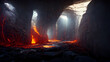 Lava inside a cave with holes at the top. Natural gallery in hell with flowing lava. Digital Art Illustration, concept art.