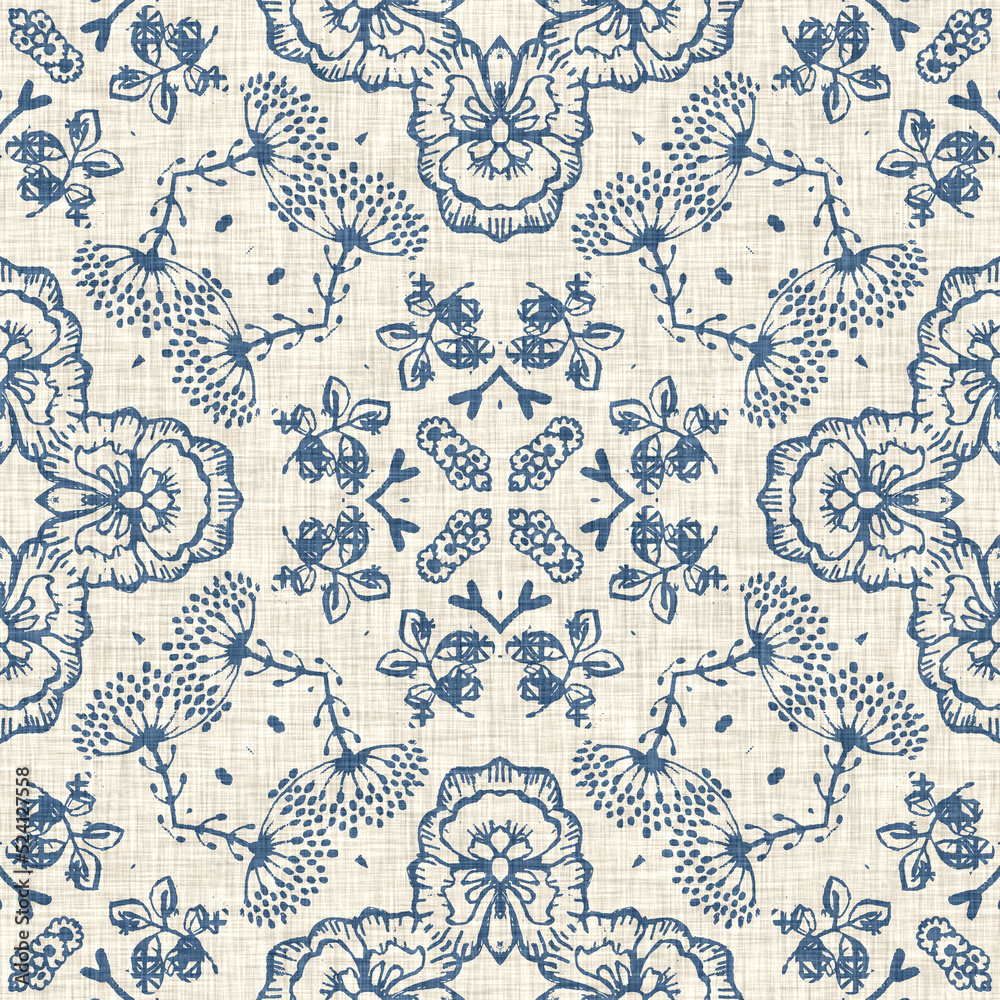 French blue floral french printed fabric pattern for shabby chic home decor style. Rustic farm house country cottage flower linen seamless background. Patchwork quilt effect motif tile. Stock Illustration | Adobe Stock