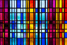 Colorful Stained Glass Window In Modern Design With Blue, Red, Violet And Yellow Pieces Of Glass