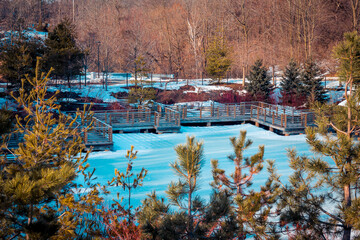 Wall Mural - Wooden walkway through a winter japanese garden