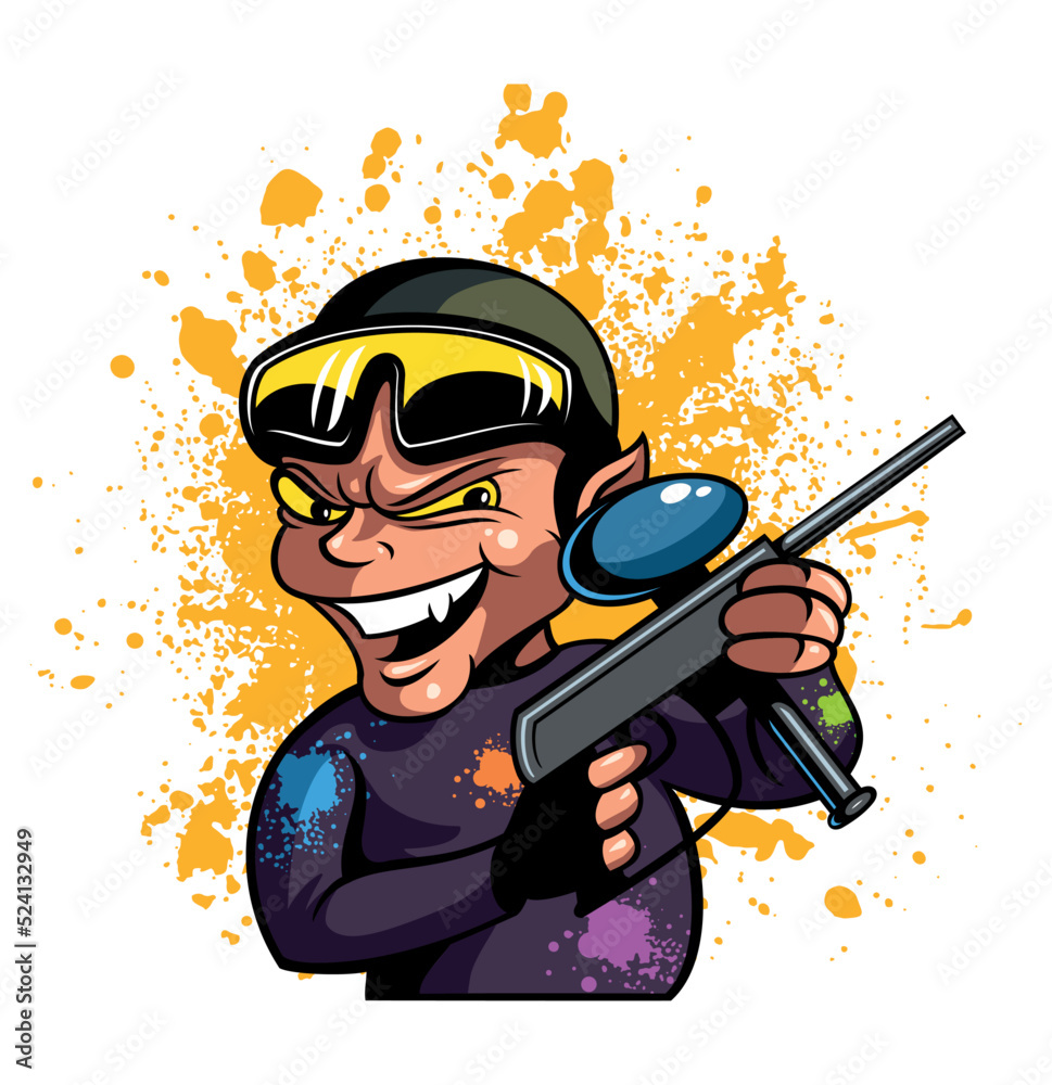 Cartoon style paintball player with the ammunition an paintball gun, vector image. Isolated on white background.