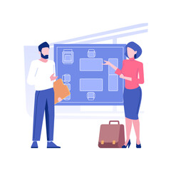 Poster - Furniture project isolated concept vector illustration. Businesswoman discussing furniture project of office with manager, distributorship agreement, room renovation vector concept.
