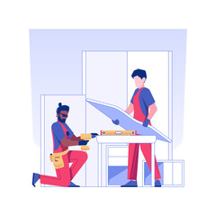 Poster - Furniture installation isolated concept vector illustration. Men installing new furniture in office, distributorship agreement, room renovation, table assembling process vector concept.