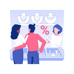 Poster - Jewellery deals and promotions isolated concept vector illustration. Young couple choosing rings in store, jewellery by sale, successful deal, distributorship company vector concept.
