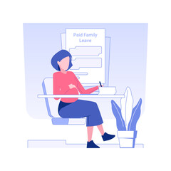 Poster - Paid family leave isolated concept vector illustration. Pregnant woman writes an application for maternity leave, business etiquette, corporate culture, company rules vector concept.