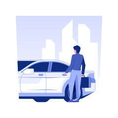 Poster - Corporate transport isolated concept vector illustration. Employee gets into the corporate car, business etiquette, company rules and benefits, luxury automobile for workers vector concept.