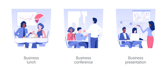 Poster - Offline business events isolated concept vector illustration set. Company workers at business lunch, conference event in office, marketing strategies discussion and presentation vector cartoon.